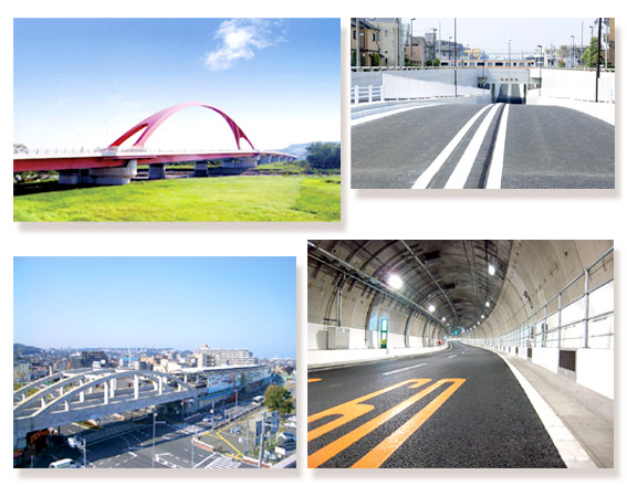 写真◇左上：多摩大橋、右上：中神立体、左下：南武線、右下：中央環状新宿線