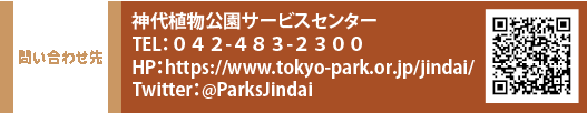 問い合わせ先 神代植物公園サービスセンター TEL：０４２-４８３-２３００　HP：https://www.tokyo-park.or.jp/jindai/　Twitter：@ParksJindai