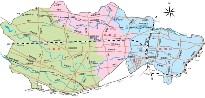 [1]神田川、[2]善福寺川、[3]妙正寺川、[4]環状七号線地下調節池を掲載している周辺地図。詳細は上記リンク先をご確認ください