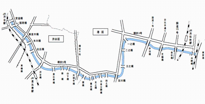 橋から見た渋谷川・古川の地図