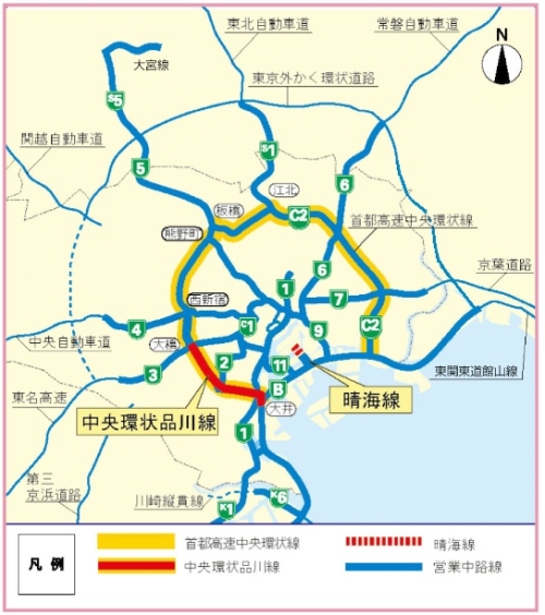 首都高速中央環状線、中央環状品川線の地図