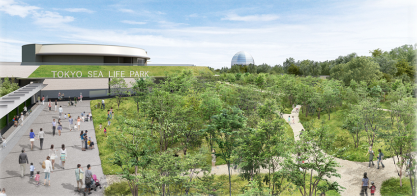 新水族園正門から見た建物エントランスと「共生の杜」イメージ