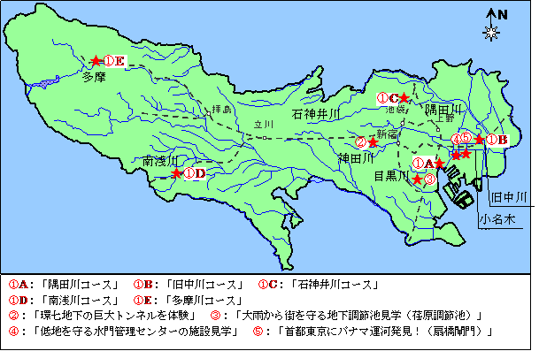 [1]Ａ：隅田川コース、[1]Ｂ：旧中川コース、[1]Ｃ：石神井川コース、[1]Ｄ：南浅川コース、[1]Ｅ：多摩川コース、[2]「大雨から街を守る地下調節池見学（荏原調節池）」、[3]「環七地下の巨大トンネルを体験（神田川・環状七号線地下調節池）」、[4]「低地を守る水門管理センターの施設見学」、[5]「首都東京にパナマ運河発見！（扇橋閘門）」