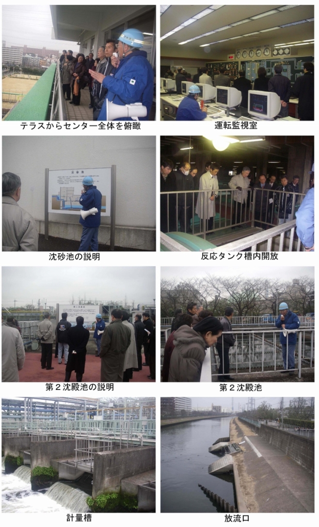 テラスからセンター全体を俯瞰　運転監視室　沈砂池の説明　反応タンク槽内開放　第２沈殿池の説明　第２沈殿池　計量槽　放流口