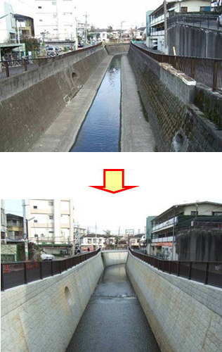 妙正寺川　新道橋下流の施工前→施工後の写真