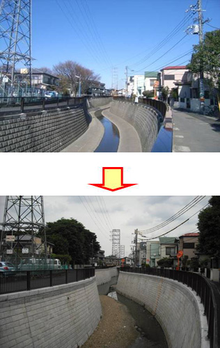 妙正寺川　新橋下流施工前→施工後の写真