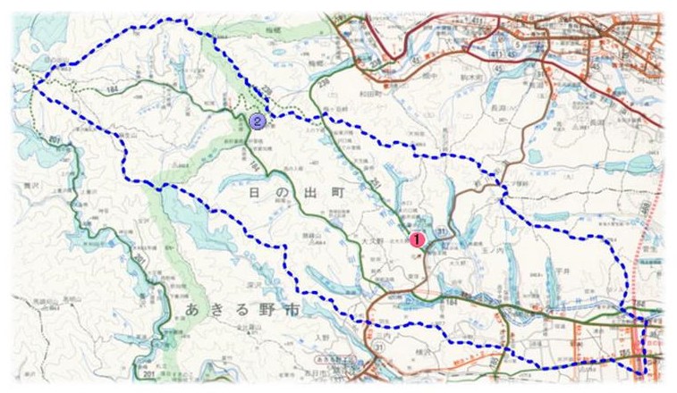 日の出町の事業の地図
