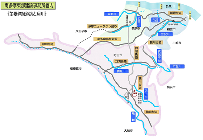 南多摩東部建設事務所管内　主要幹線道路と河川