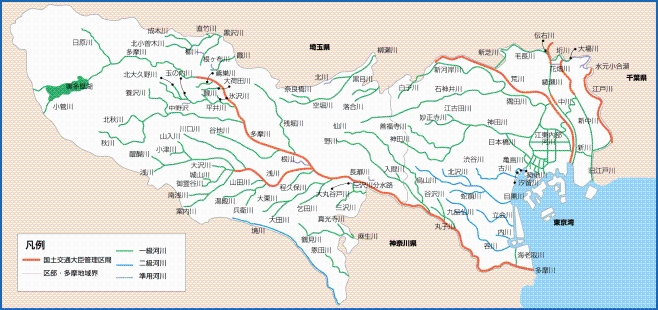 凡例　国土交通大臣管理区間　区部・多摩地域界　一級河川　二級河川　三級河川