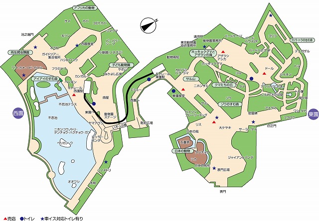 恩賜上野動物園地図　売店　トイレ　車イス対応トイレ有