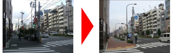 浅草通り（墨田区業平）無電柱化工事、左整備前右整備後