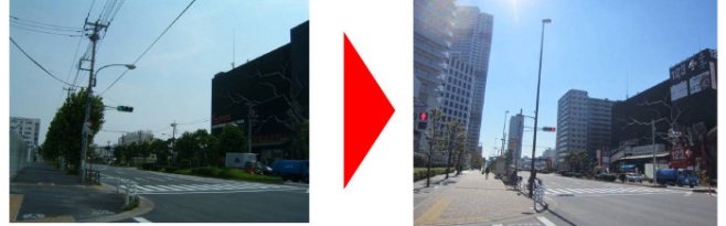 晴海通り（江東区東雲）無電柱化工事、左整備前右整備後