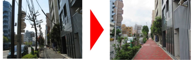 清澄通り（墨田区東駒形）無電柱化工事、左整備前右整備後