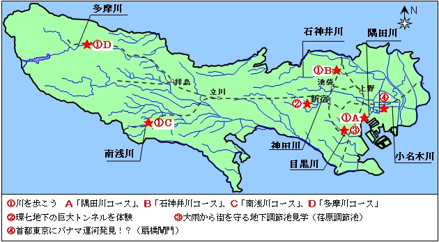 (1)Ａ：隅田川コース、(1)Ｂ：石神井川コース、(1)Ｃ：南浅川コース、(1)Ｄ：多摩川コース、(2)「大雨から街を守る地下調節池見学（荏原調節池）」、(3)「環七地下の巨大トンネルを体験（神田川・環状七号線地下調節池）」、(4)「首都東京にパナマ運河発見！（扇橋閘門）」