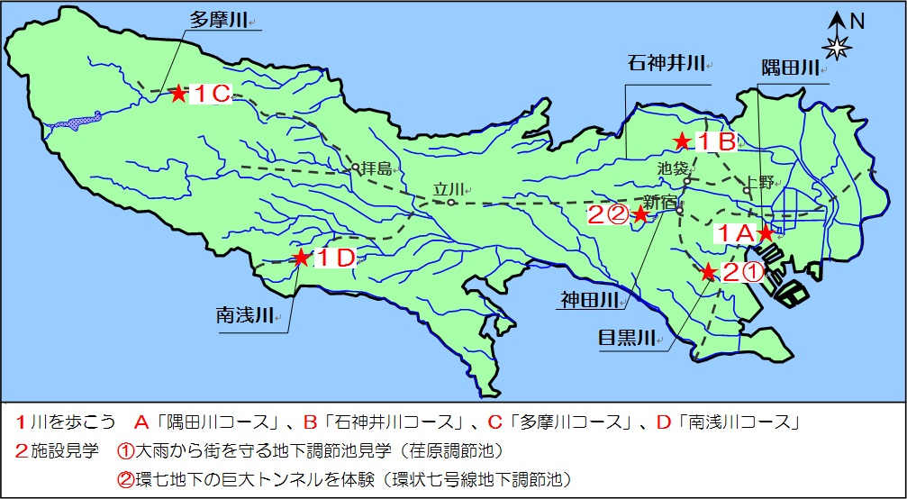 １Ａ隅田川コース、１Ｂ石神井川コース、１Ｃ多摩川コース、１Ｄ南浅川コース、２(1)「大雨から街を守る地下調節池見学」、２(2)「環七地下の巨大トンネルを体験」