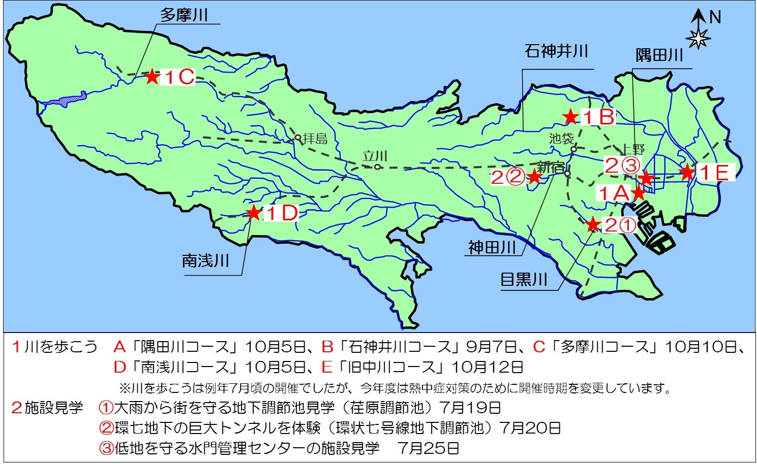 １Ａ隅田川コース、１Ｂ石神井川コース、１Ｃ多摩川コース、１Ｄ南浅川コース、２(1)「大雨から街を守る地下調節池見学」、２(2)「環七地下の巨大トンネルを体験」