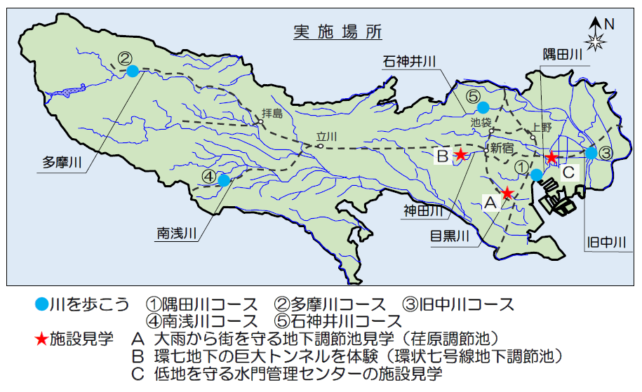 [1]隅田川コース、[2]多摩川コース、[3]旧中川コース、[4]南浅川コース、[5]石神井川コース、Ａ 大雨から街を守る地下調節池見学、B 環七地下の巨大トンネルを体験、C 低地を守る水門管理センターの施設見学